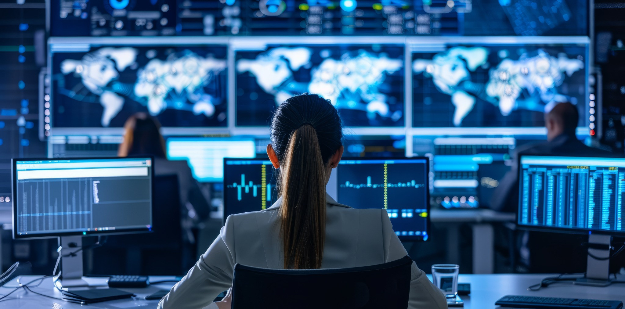 A security analyst investigates a live alert at a workstation as a colleague coordinates the incident response.