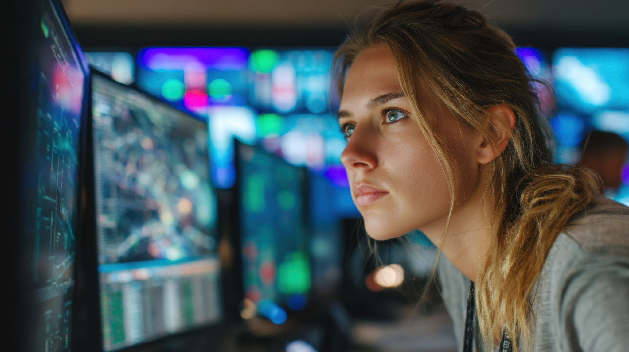 A security analyst reviews device and account alerts at a workstation during an investigation.