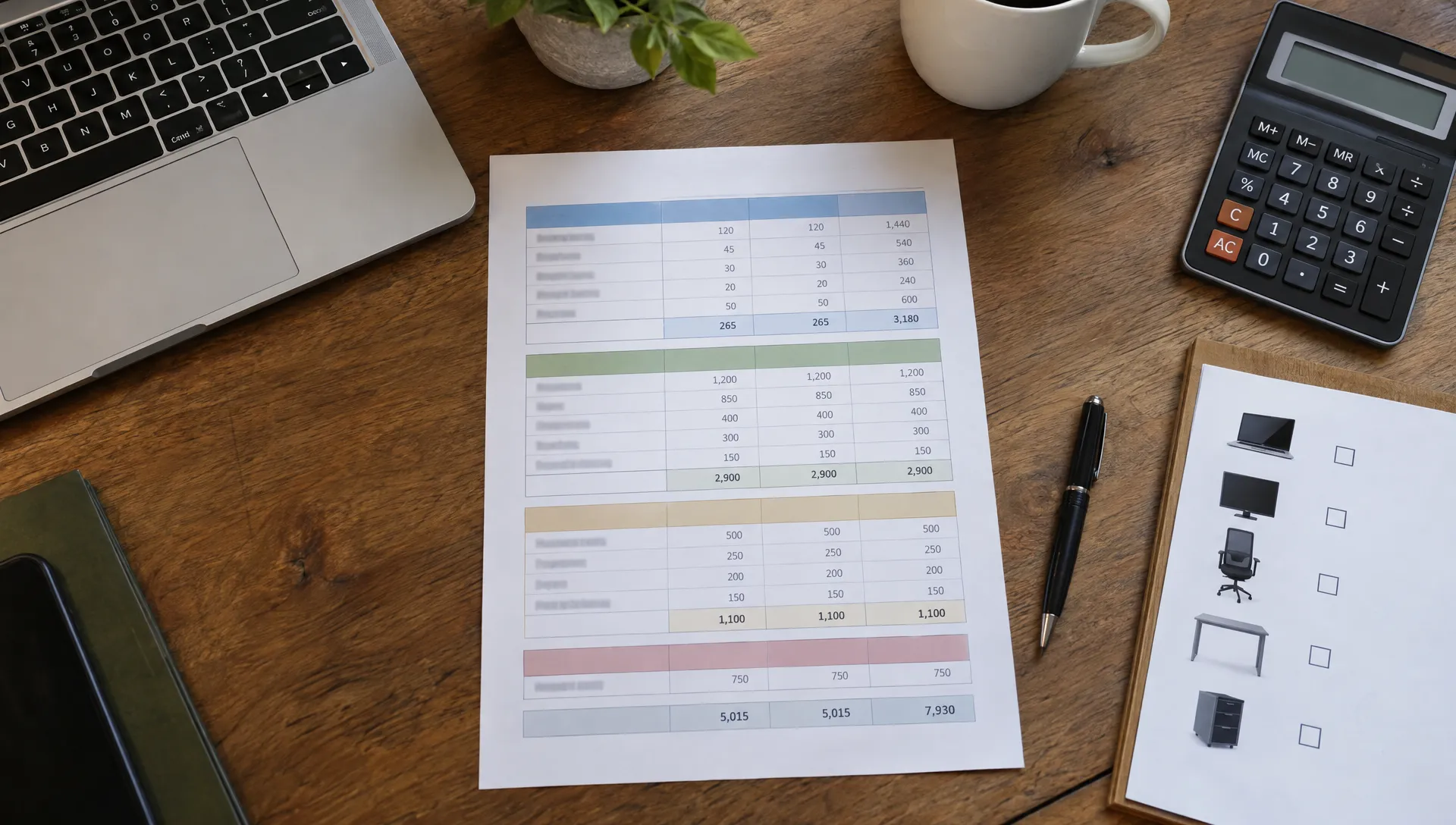 A startup budget worksheet separates recurring IT costs, equipment purchases, setup charges and contingency beside a calculator and laptop.