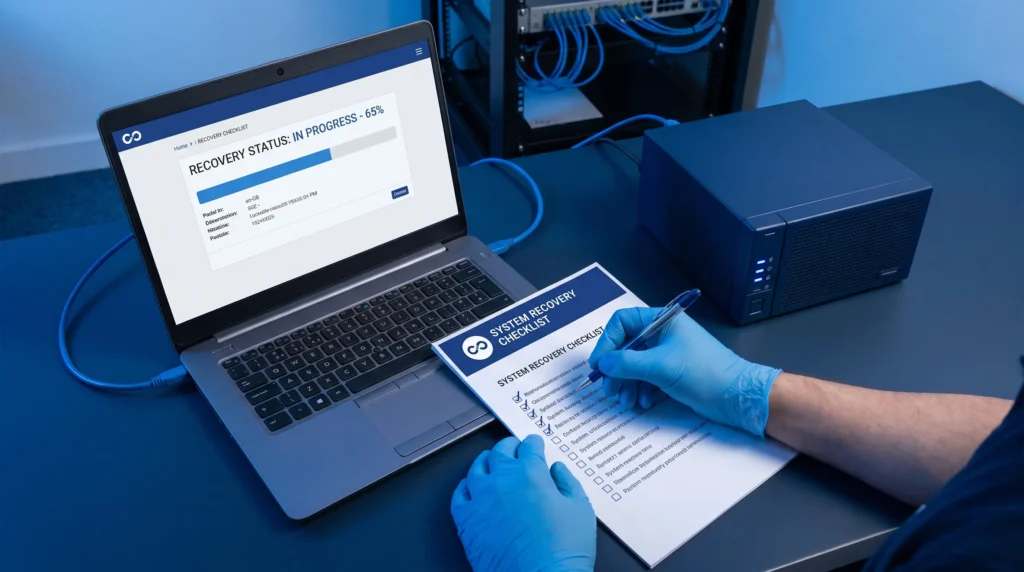 A support specialist checks a recovery checklist beside backup equipment during an IT continuity test.