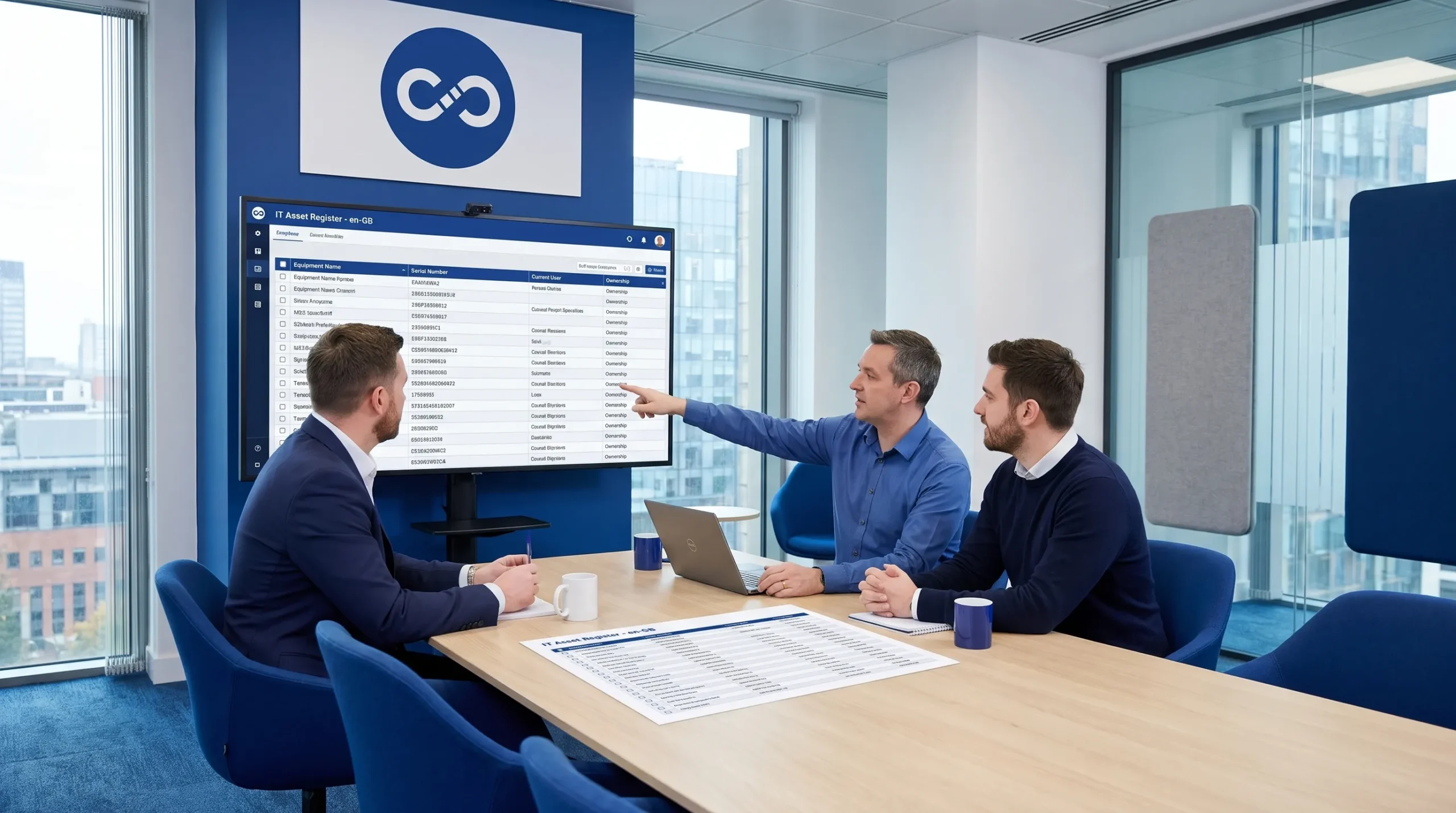 An IT manager and two support specialists compare an asset register and printed inventory while coordinating outsourced managed IT services.