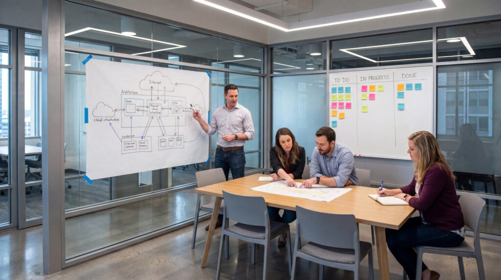 Staff coordinate across a small-business operations floor during an IT disruption, showing how support response commitments affect everyday work.