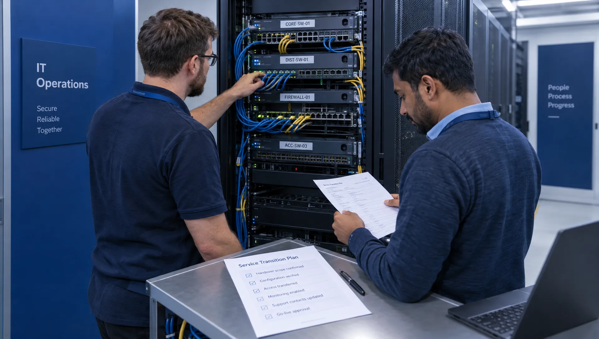 Two IT engineers check labelled network equipment and a transition plan during an IT support managed services handover.