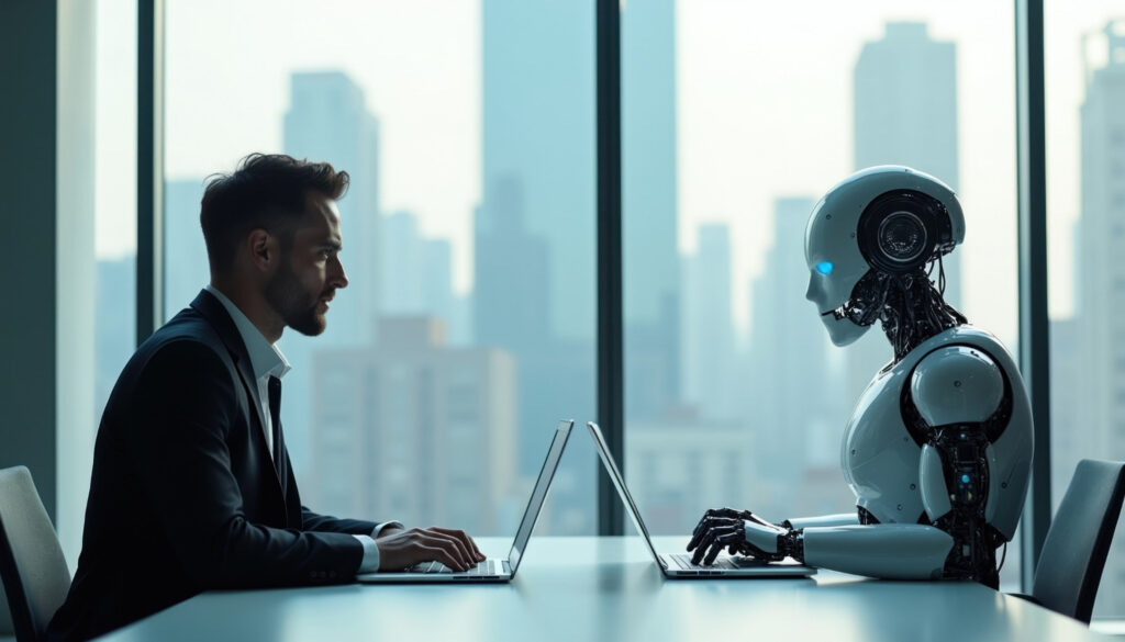 Two SME colleagues review an AI-generated client summary together before using it in their work.